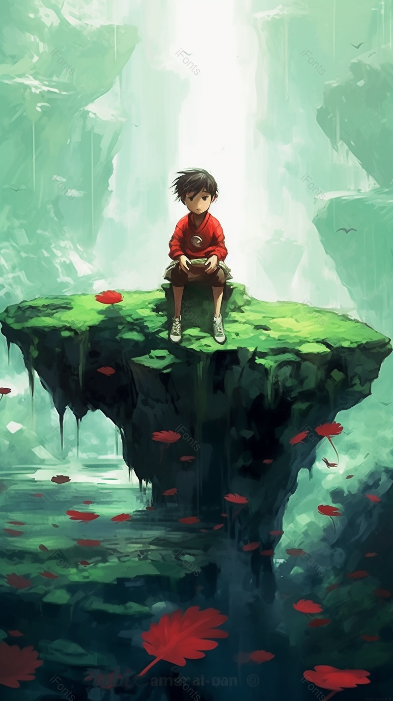红衣男孩坐在石头上观望着风景创意儿童插画设计背景,插画/手绘图,插画/手绘图库,插画/手绘图下载,插画/手绘